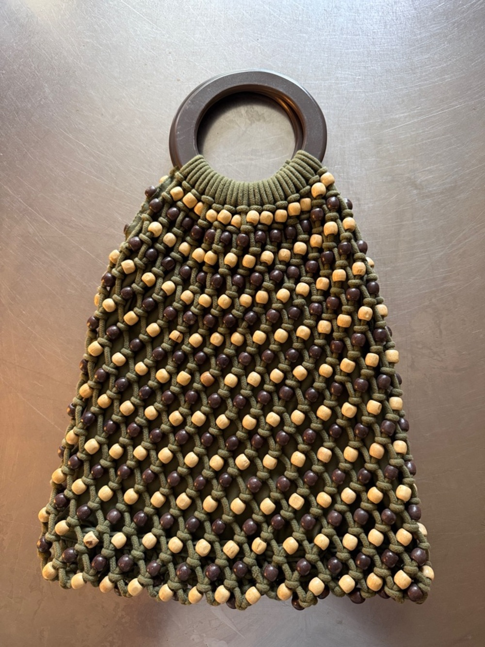 C&C California Olive Green Beaded Wristlet with Natural & Dark Wood Accents